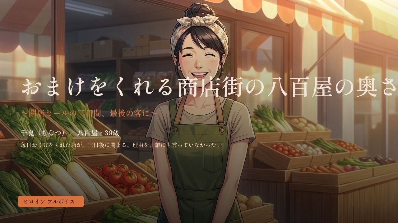 おまけをくれる商店街の八百屋の奥さん 〜閉店セールの三日間、最後の客に〜のサンプル画像 1