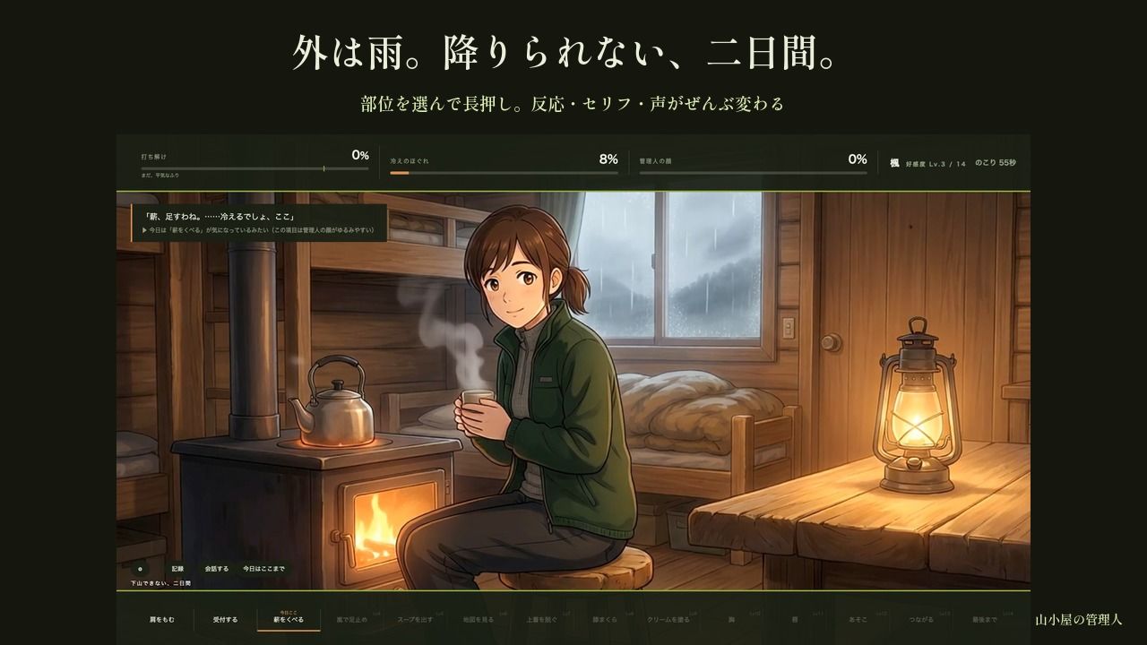 宿泊客には笑顔だけの山小屋の管理人さん 〜下山できない二日間、ストーブの前で〜のサンプル画像 2