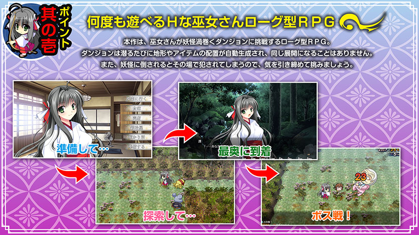 ポイント其の壱　何度も遊べるHな巫女さんローグ型RPG