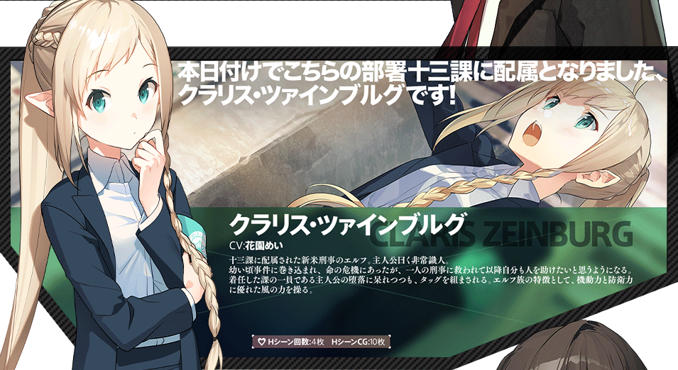 第1作の公式人物紹介画像：新米刑事クラリス・ツァインブルグ