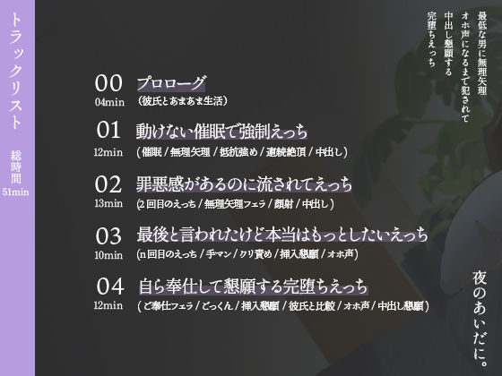 サンプル画像5:【NTR/催●】最低な男にオホ声になるまで寝取られた大好きな清楚彼女が中出し懇願して完堕ちする音声(夜のあいだに。) [d_242383]