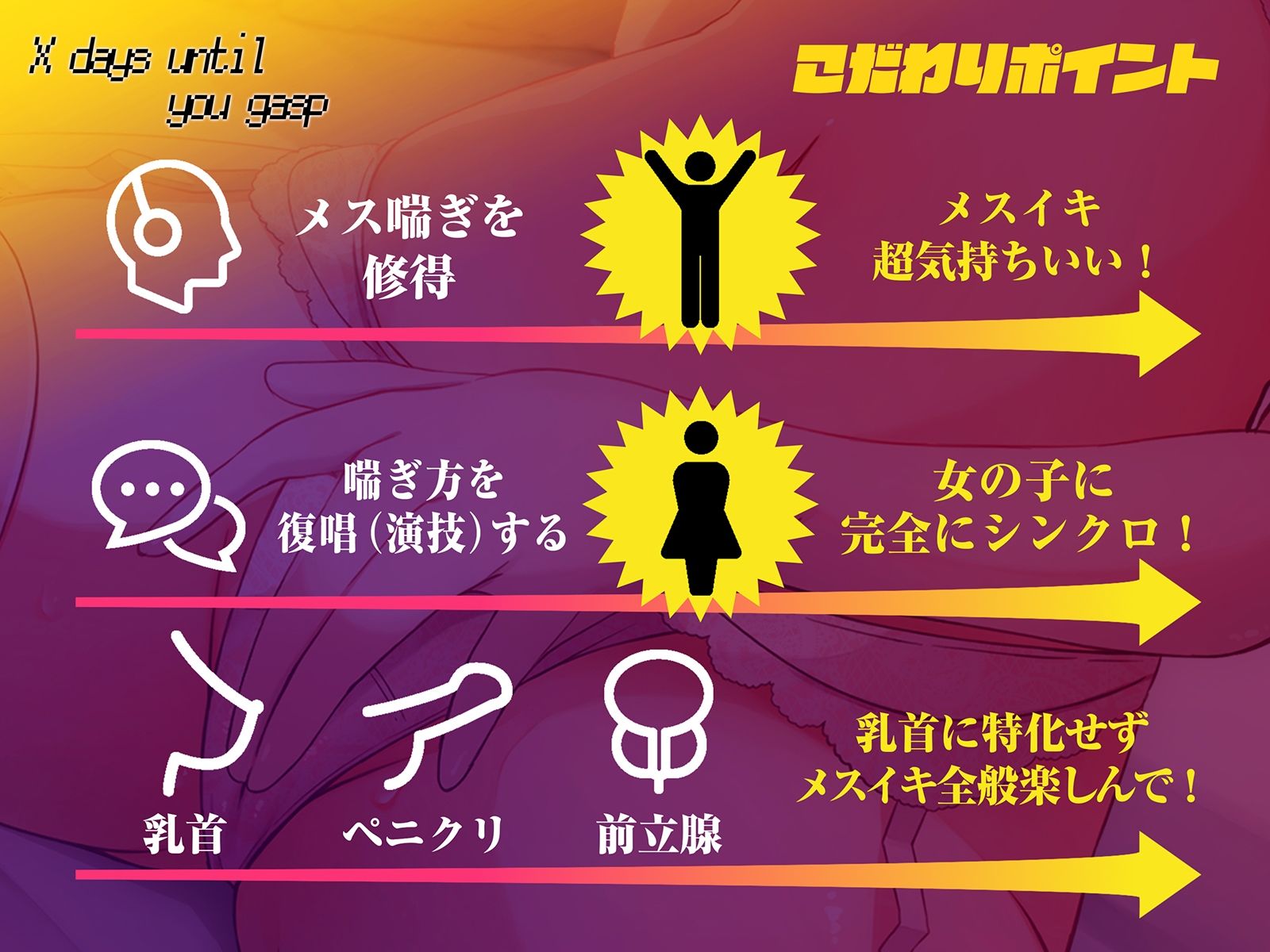 サンプル画像2:【メスのように喘ぐ練習で脳イキ癖がつく！！】キミが♀喘ぎするまでのX日間〜乳首→ペ二クリイキ→前立腺のトリプルコース〜【密着低音耳舐め】(空心菜館) [d_278588]
