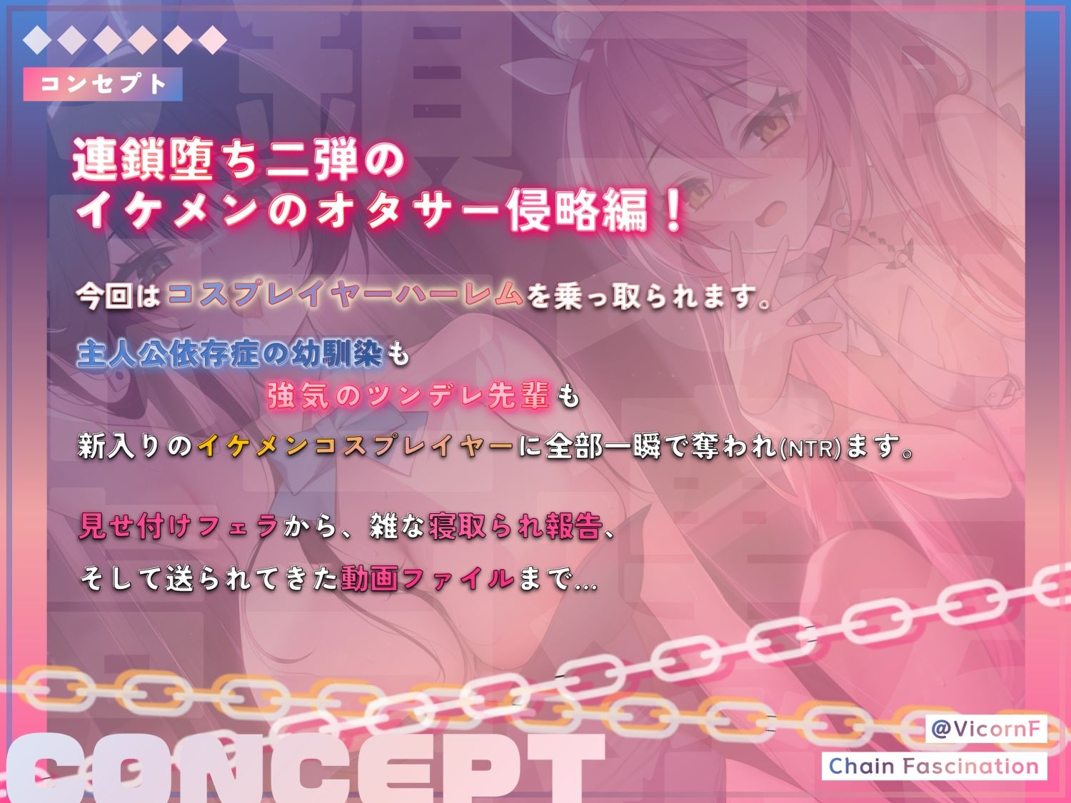 サンプル画像1:【即堕ちXNTR】連鎖堕ち寝取られ報告〜ヤリチンコスプレイヤーにハーレム全員寝取られ〜(バイコーンの森) [d_440702]