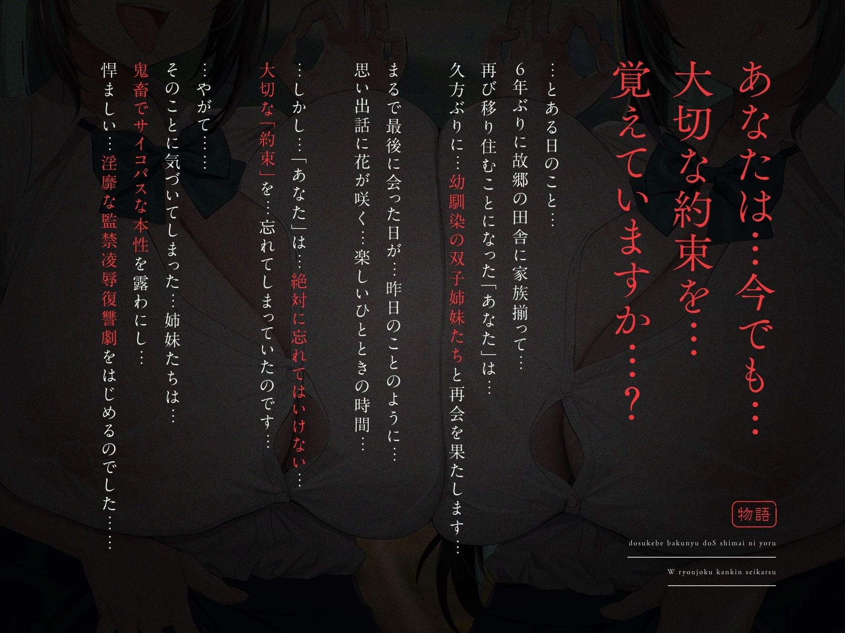 サンプル画像4:【3時間×WドS姉妹×W監禁凌●】〜6年ぶりの田舎に帰郷したボクは…大切な約束を忘れ幼馴染姉妹に犯●れ貪り尽くされる…〜ドスケベ爆乳ドS姉妹JK×2によるW凌●監禁性活(マヨタマ) [d_452582]