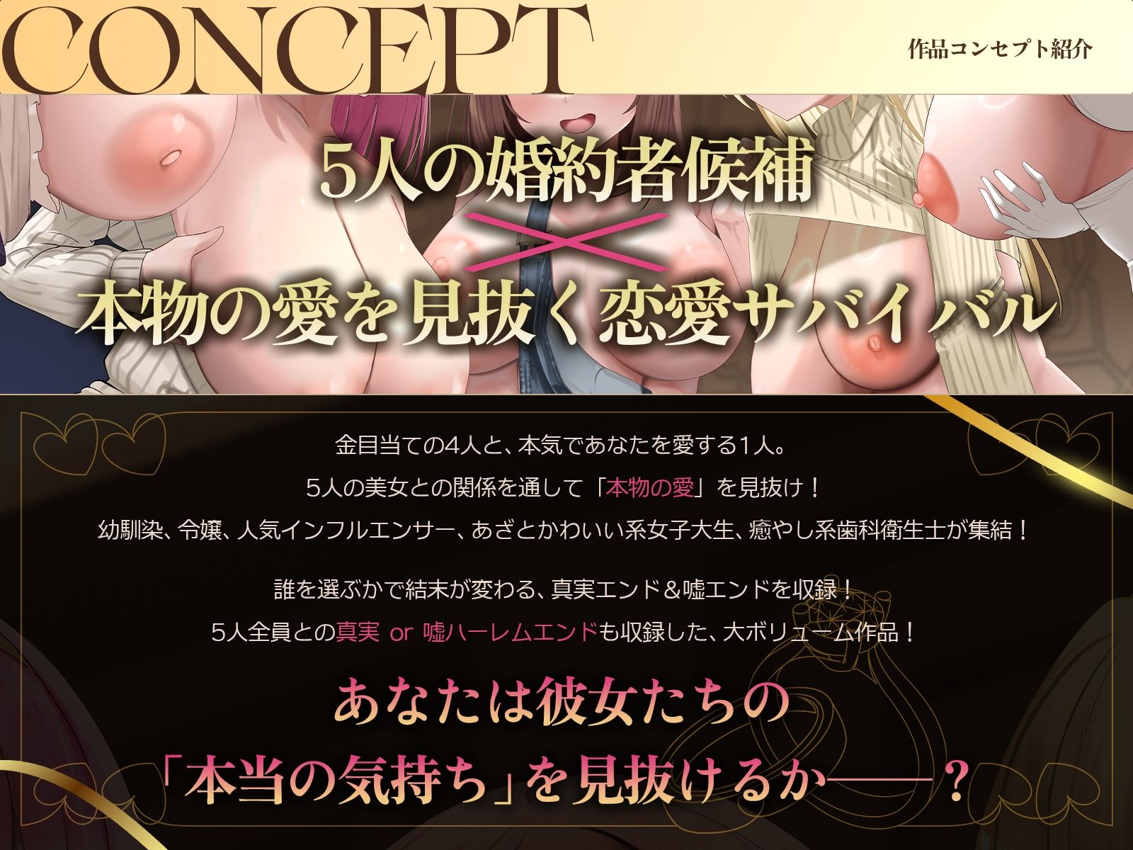 【5時間x5人】金持ちDT争奪（はーと）嘘つき恋愛サバイバル〜5人も婚約者候補がいるのに俺を本当に愛しているのは、たった1人だけらしい〜のサンプル画像 1