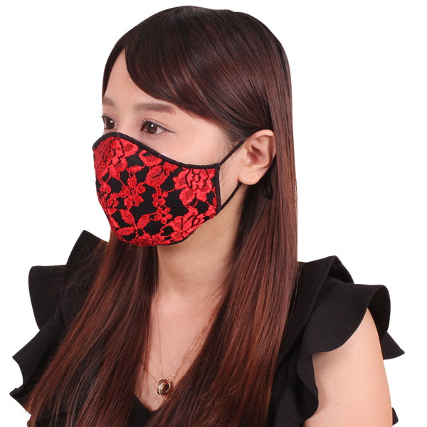 女性用 薔薇刺繍レースメッシュマスク レッド 画像1