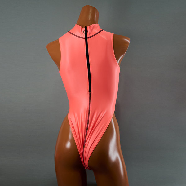 ハイネックハイレッグスイムスーツ / Hi neck high leg Swimsuit (K-0303 KW)(S, Acid Coral) 画像1