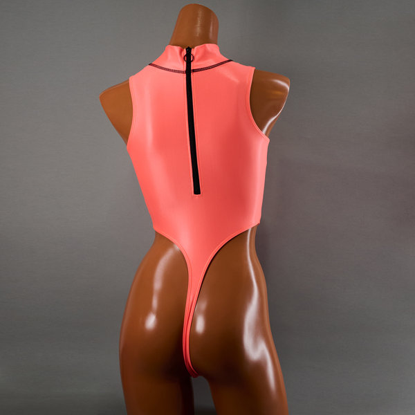 ハイネックTバックハイレッグスイムスーツ / Hi neck Thong back Swimsuit (T-0303 KW)(0X, Acid Coral) 画像1
