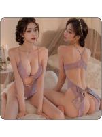 ボディースーツ セクシーランジェリー レディース 前扣き 胸パッド付 レース透け感 Vネック オープンクロッチ 胸元＆ヒップ露出 蝶結び 紫色 エロチック 過激 誘惑 コスチューム カップル用F194のサムネイル画像