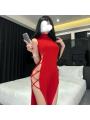 過激 ロングドレス チャイナドレス風 【両サイド深スリット/編み上げ】 腰見せ 大胆露出 悩殺 タイト セクシー コスプレ 衣装 レッド F859