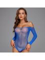 過激 ボディストッキング レオタード 【サファイアブルー/青】 宝石の輝き ラインストーン 長袖 ハイレグ 穴あき オープンクロッチ セクシー ランジェリー F856