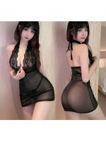 レース×ラメシースルー ホルターネック ミニドレス（ラメ黒）（Tバック付き） ラメ入り 魅惑的なシースルーミニスカート 超薄型セクシーコスチューム F558のサムネイル画像