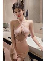 【清楚なピンクの罠】こぼれ落ちる爆乳を支えるだけ！’ほぼ裸’の光沢クロスドレス＆Tバックセット F747