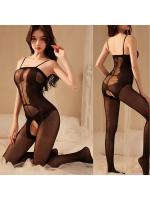 全身透け感 レースシースルーボディストッキング 大胆オープンデザイン ボディースーツ柄 オープンクロッチ 超セクシーを演出 フリーサイズ F607